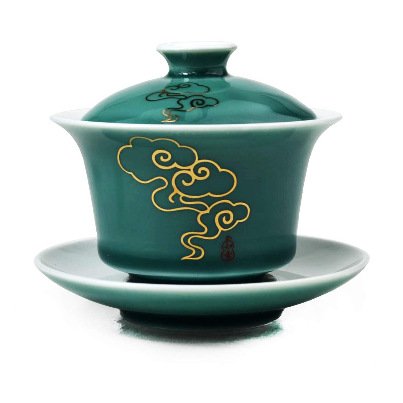 Liang Baobao Cloud,Golden,White Porcelain Gaiwan 5Oz /150Ml Teacup White Glazed Classical Chinese Auspicious Clouds Tea Cup Tureen Sancai Cover Bowl Lid Cup Saucer Set (Green)