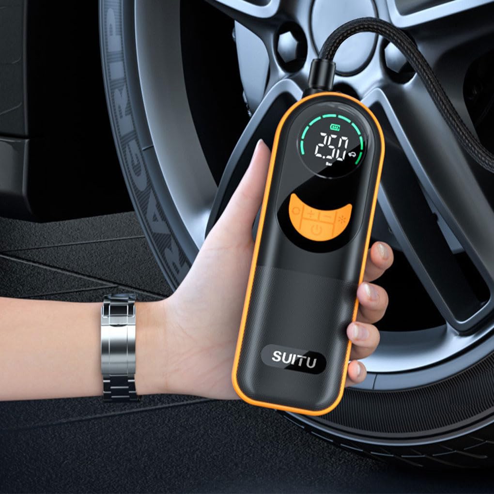 Compresor de Aire portátil inalámbrico para Coche, Delgado, Potente | fácil de usar, con luz LED y bajo nivel de ruido. Bomba infladora de neumáticos para coche con luz LED.