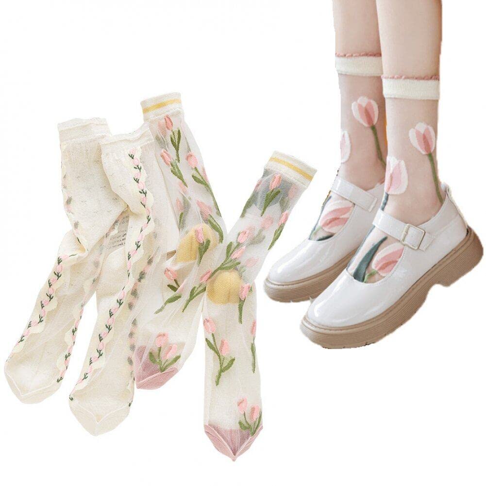 Danlai Women's As Shown 3 Pair Translucent Socks Retro Flower Long Socks Lace Elastic Socks Thin Socks For And Girls