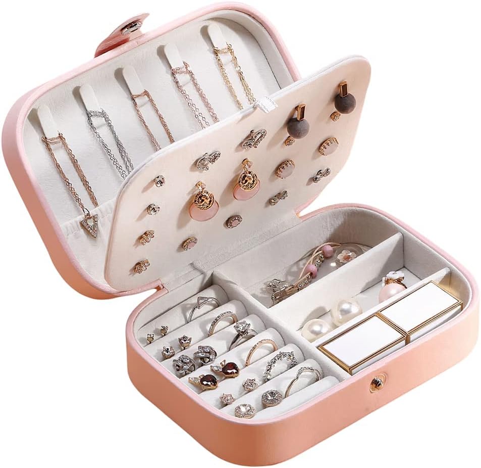 YouBella Jewellery Organiser PU Leather Zipper Portable Storage Box Case with Dividers Container for Rings, Earrings, Necklace Home Organizer, Pink (Style 2), Onesize, Faux Leather