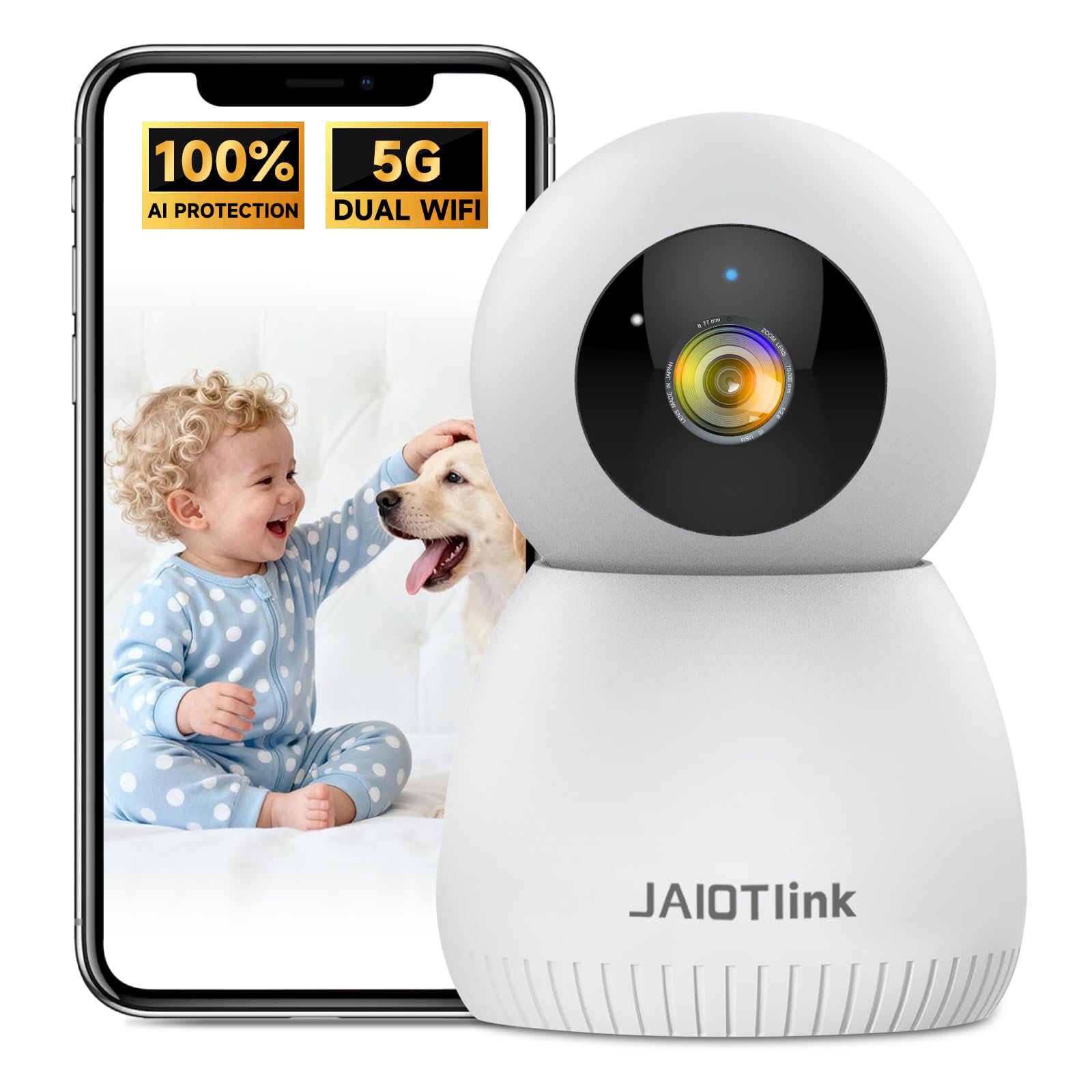 2K Baby Monitor with Phone App, 360° Pan-Tilt Indoor Camera for Home Security, AI Human/Pet Detection, Night Vision, 2-Way Audio, WiFi 2.4G/5G, SD/Cloud Storage, Compatible with Alexa