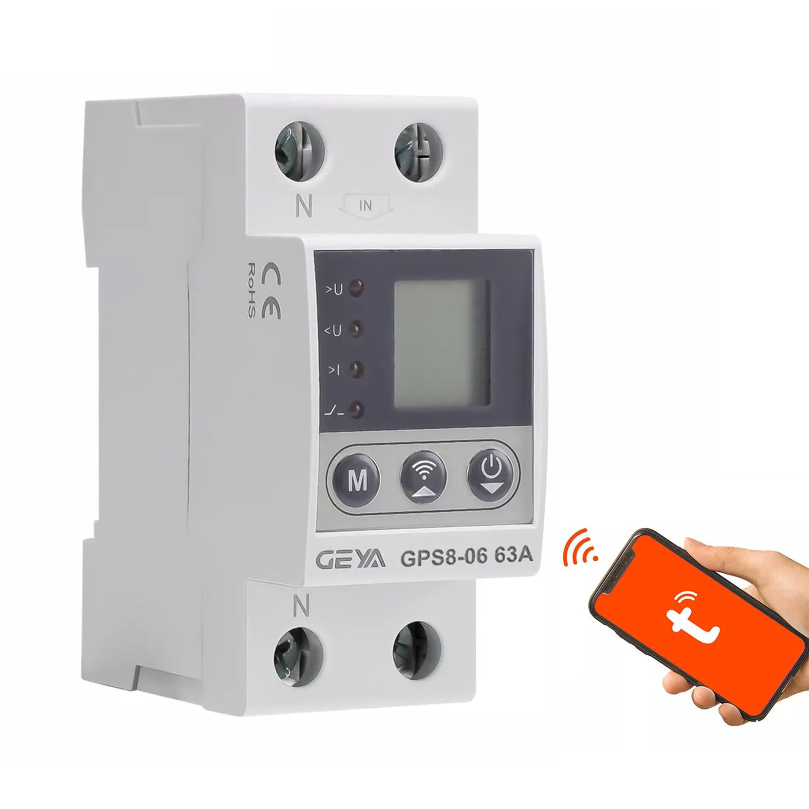 GEYA Dispositivo de protección de corriente/voltaje de control Wifi con función de medición Pantalla LCD AC220V (63A)