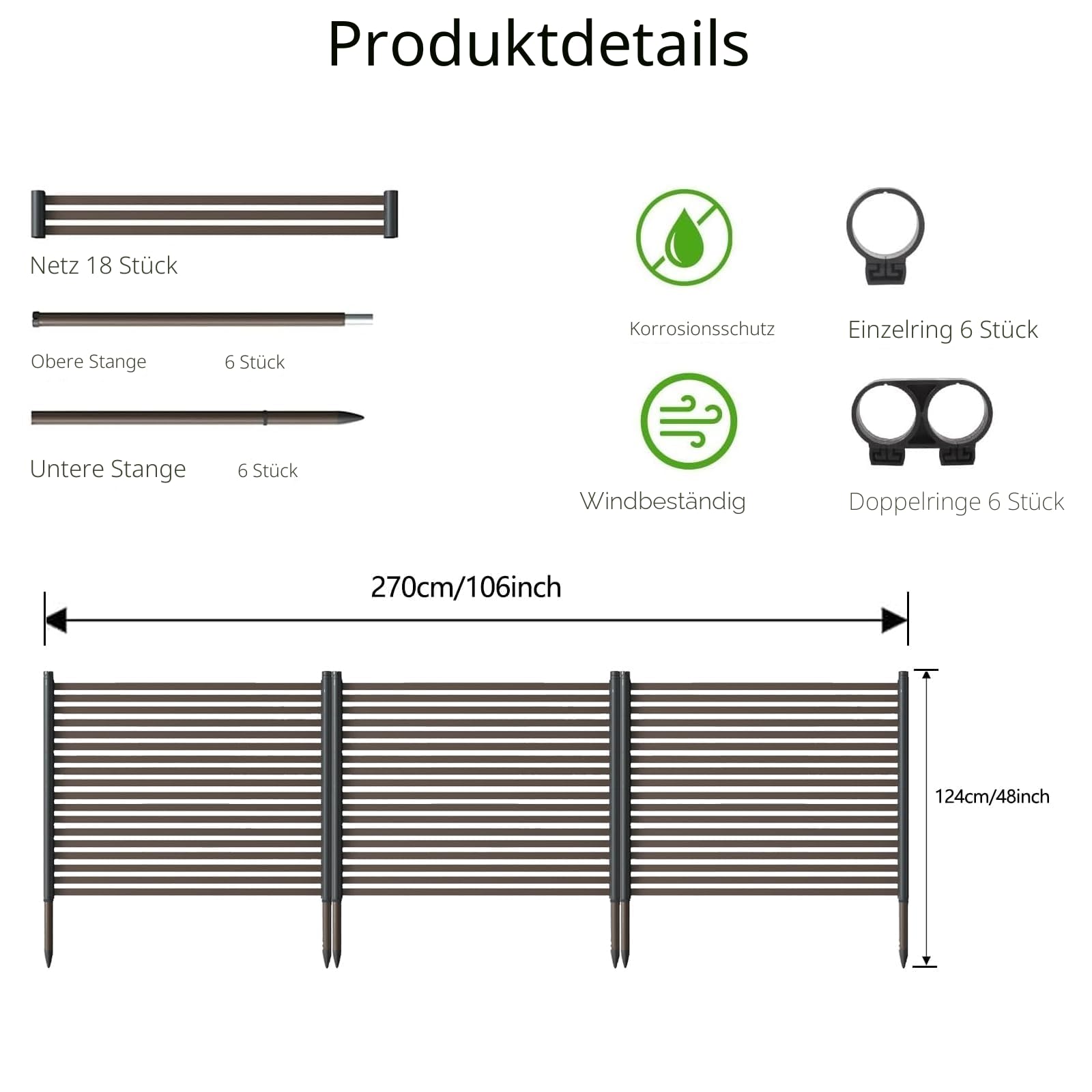 GarveeHome 3 Stück Gartenzaun aus Metall, 270 x 124 cm, Sichtschutzwand ohne Graben, Tierbarriere für Haustiere, Moderner Steckzaun Zaunelementenfür Garten, Hof & Terrasse, Schneller Aufbau
