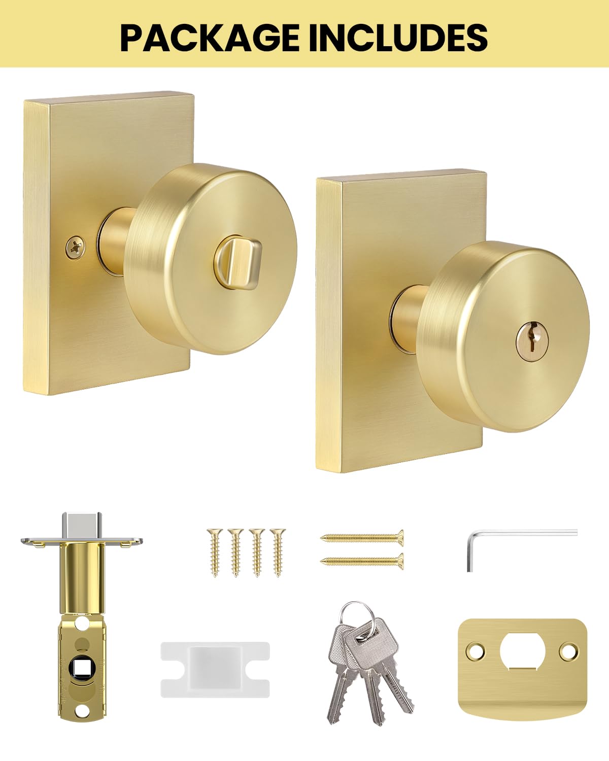 Brushed Gold Door Knobs with Lock & Key - FREE SHIPPING -5