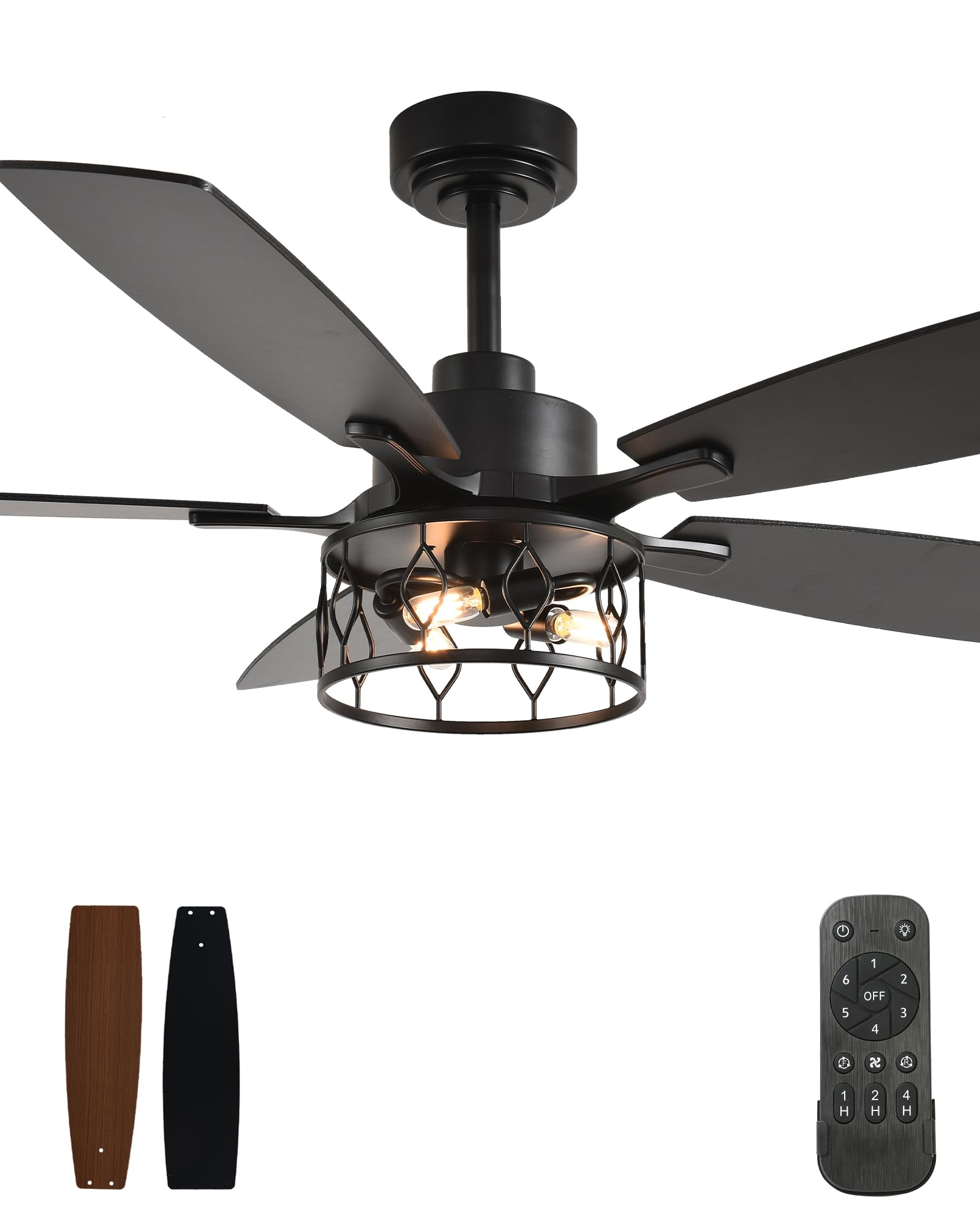 Bella Depot 52" Black Ceiling Fan with Light, Modern Ceiling Fan with Remote, Caged Chandelier Fan Indoor with 6 Speeds for Living Room Bedroom, (bulbs not included)
