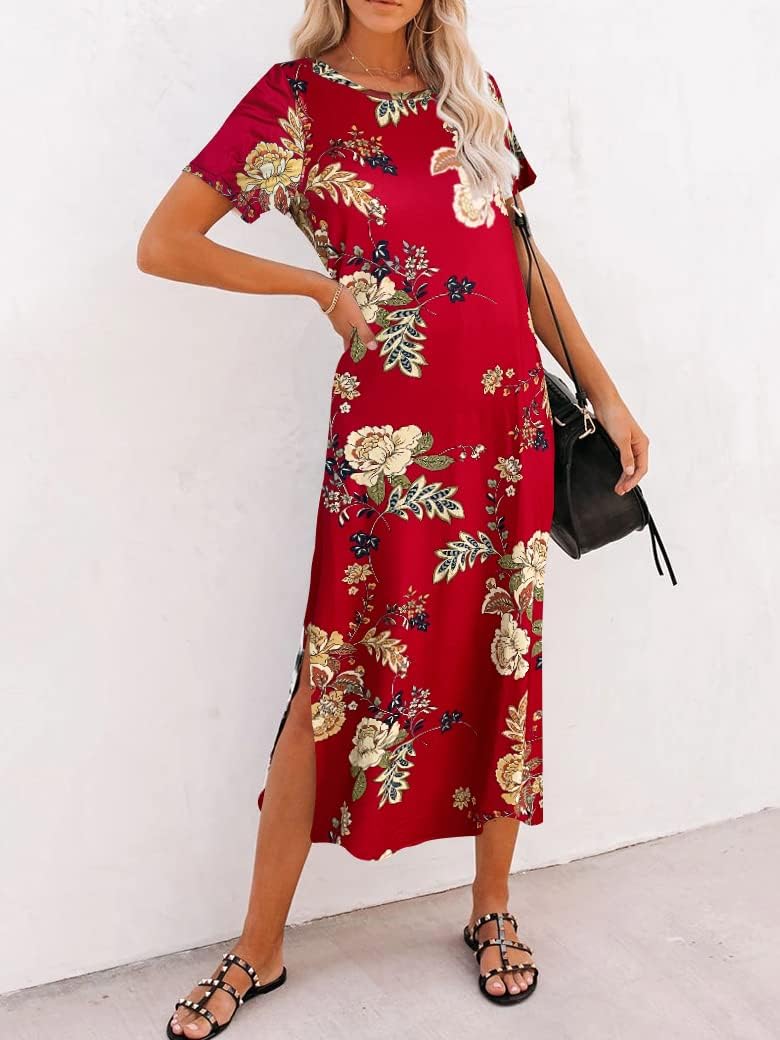 Naggoo Womens Short Sleeve Split Maxi Dress Casual Plain Tie Dye Print Tshirt Long Dresses with Pockets - Image 3