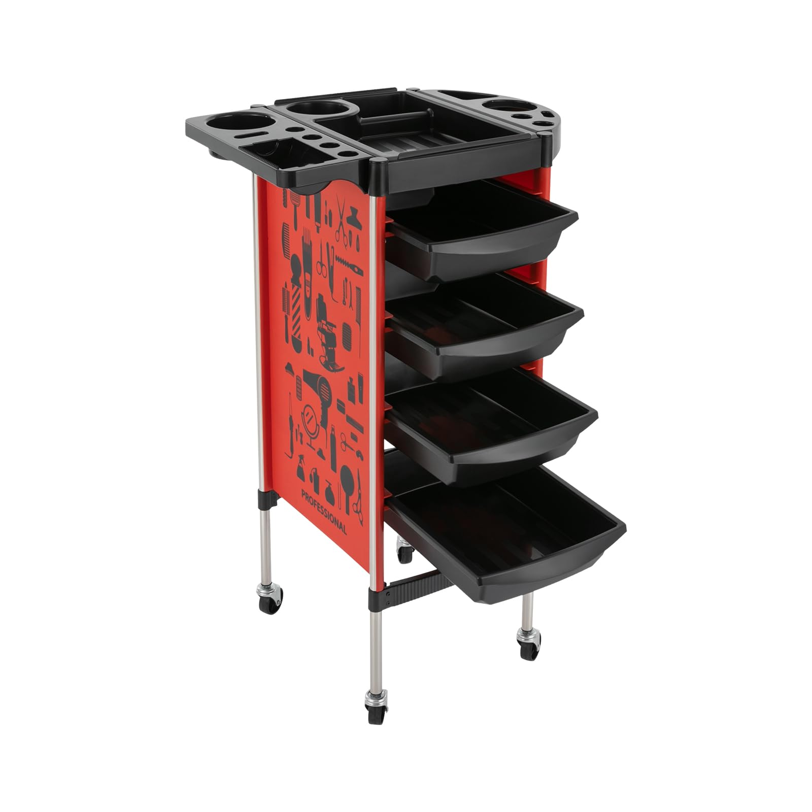 Carrello Parrucchiere Professionale 38 x 88 cm 5 Ripiani + 4 cassetti Ruote silenziose Rosso per Centri estetici e Parrucchieri