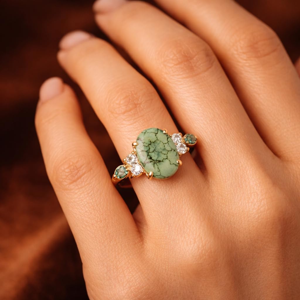 14K Yellow Gold Oval Cut Moss Agate Engagement Ring Vintage Boho Nature Inspired Alternative Bridal Promise Anniversary Jewelry Gift for Her