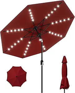 10 Ft Patio Umbrella with Solar Lights, 8 Ribs Outdoor Market Table Umbrella with 40 LED Lights & Tilt Crank for Pool, Deck, Backyard, Red