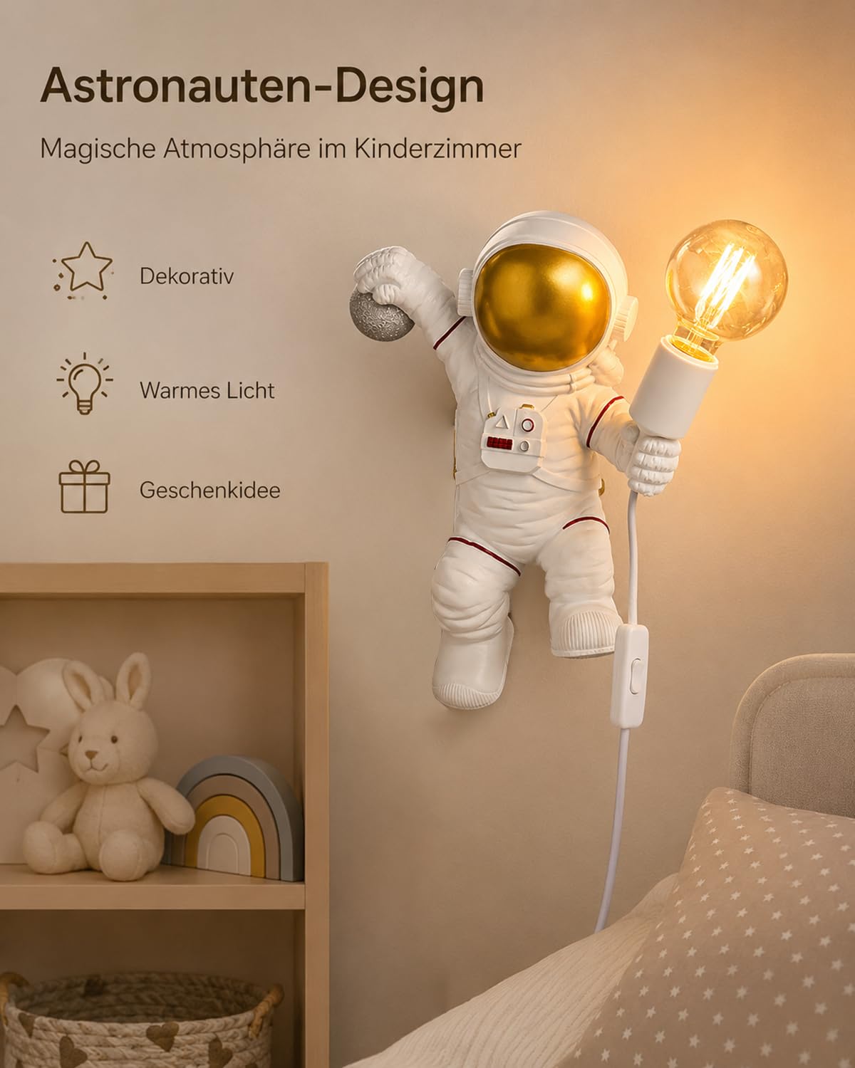 FREEUP Lámpara de pared moderna con enchufe y cable, lámpara de pared infantil para niños niñas, luz nocturna astronauta E27 luz de pared, blanco