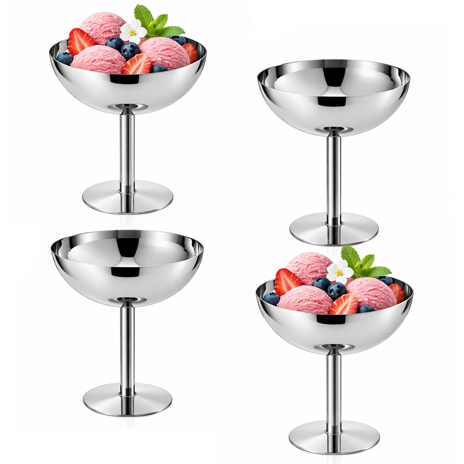 GreenWhim 4 Pcs Ice Cream Bowl 200ml Stainless Steel Dessert Bowl Dessert Cups Footed Sundae Cup Milkshake Cup for Dessert, Frozen Yogurt, Gelato,Ice Cream Birthday Party Decorations