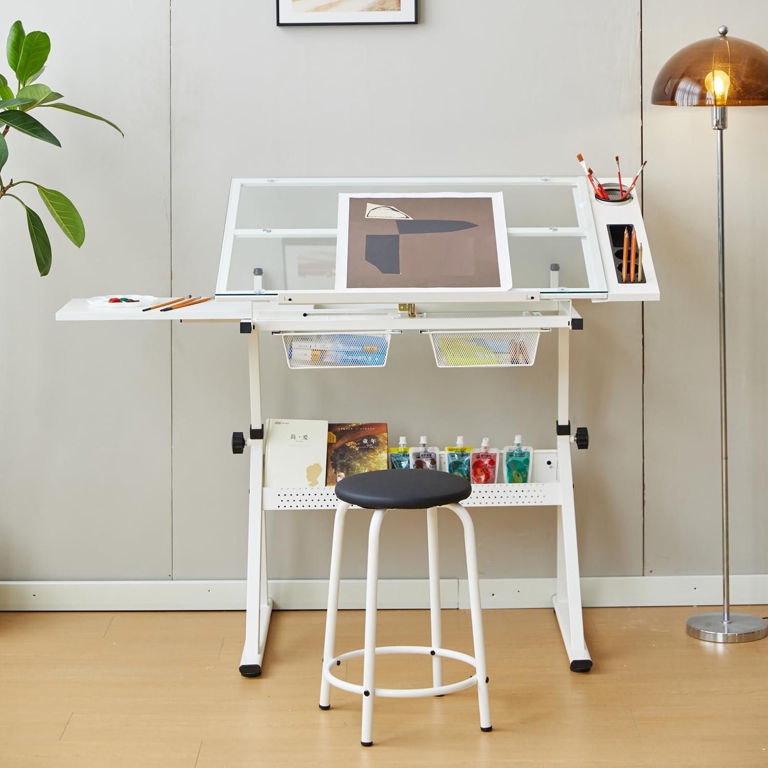 Zeichentisch mit Hocker, Architektentisch Schreibtisch Höhenverstellbar 72-92cm & Neigungsverstellbar 0-75 °, Schülerschreibtisch 2 Schubladen / 2 Arbeitsflächen, Bürotisch Arbeitstisch, Weiß