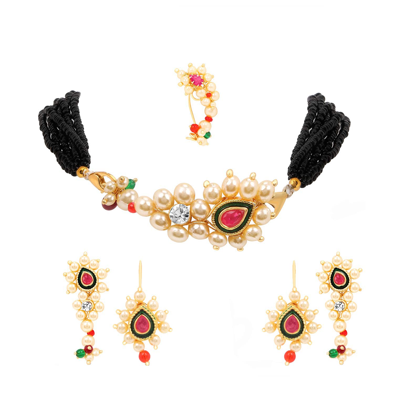 Gold Plated Traditional Thushi Mangalsutra | Nath Bugadi Earrings Combo Set | Pressing Nath & Clip-On Bugadi Earrings For Women By Indian Collectible, gold plated, No Gemstone