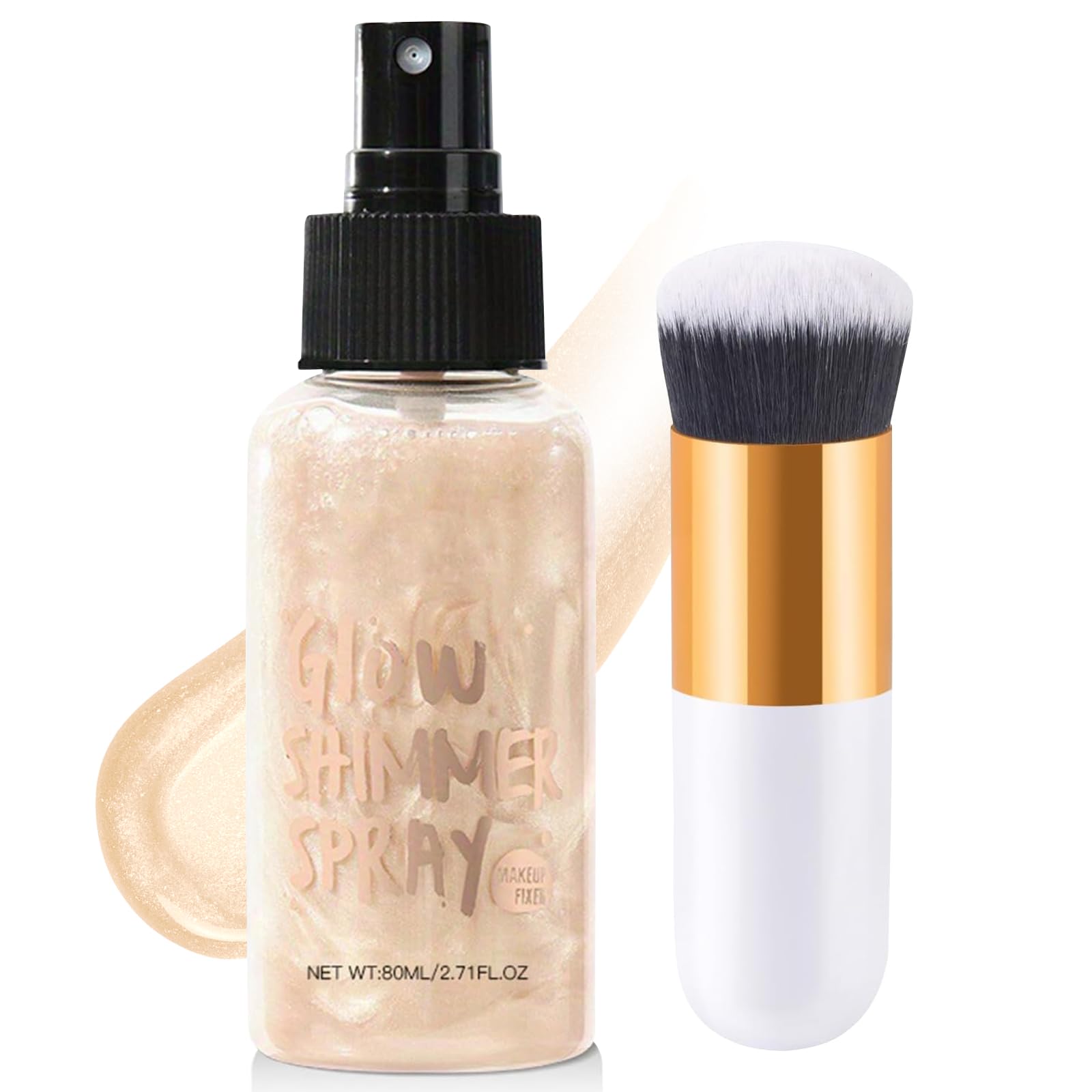 Body Shimmer Oil, Face & Body Glow Shimmer, Liquid Highlighter Spray, Hydrating Glow Lotion, Waterproof & Non-Sticky, Lightweight Skin Highlighter, Makeup Brush Include (Champagne Gold)