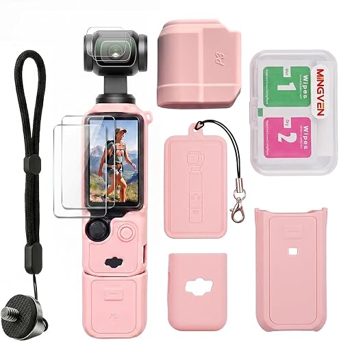 Osmo Pocket 3 Case, Protective Silicone Cover For DJI Pocket 3/Xtra Muse with Screen Protector & Wrist Strap, Soft, Scratch-Resistant and Sleeve Skin (Pink)