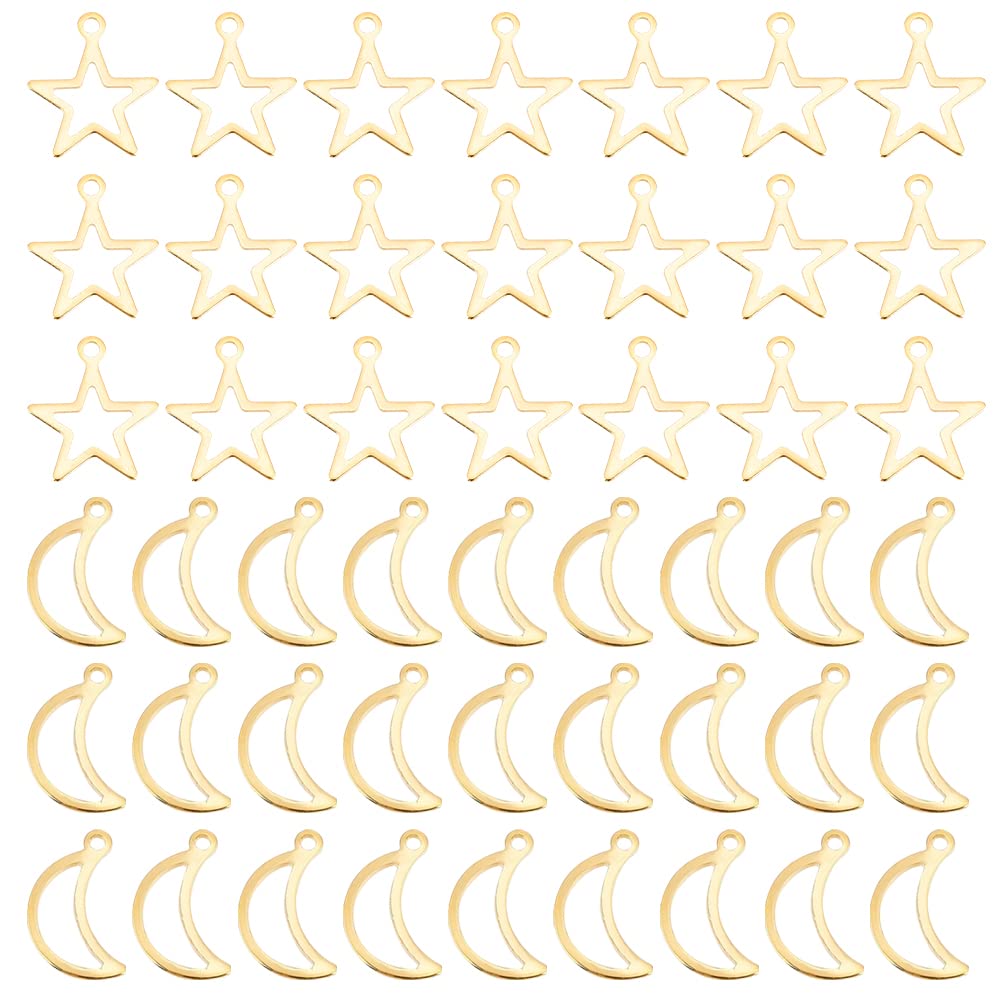 UNICRAFTALE 2 Colors Hollow Star and Moon Charms Stainless Steel Charms Small Hole Metal Pendant Pendants Flat Smooth Charm for DIY Swing Jewelry Making