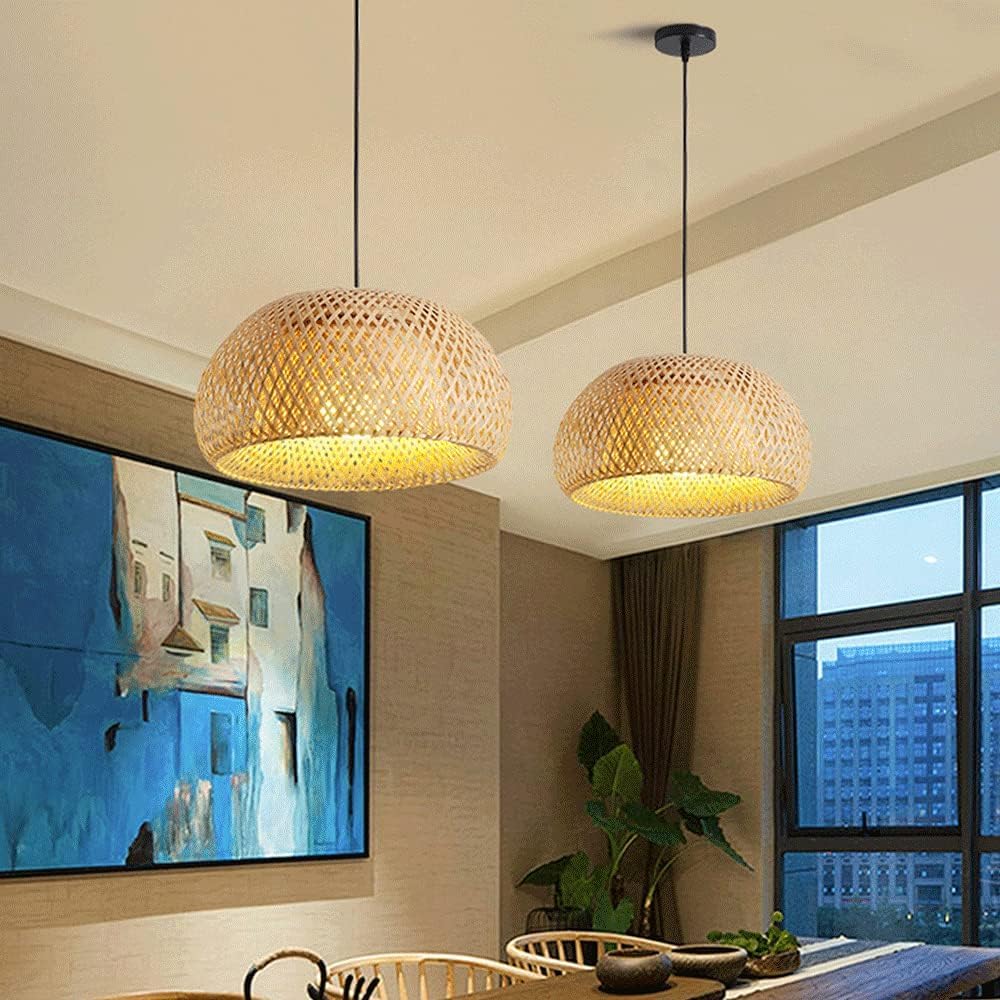 Lampadario in vimini beige, paralume intrecciato a nido d'uccello, lanterna in stile pastorale in cesto di bambù, lampada a sospensione da soffitto, lampade in rattan
