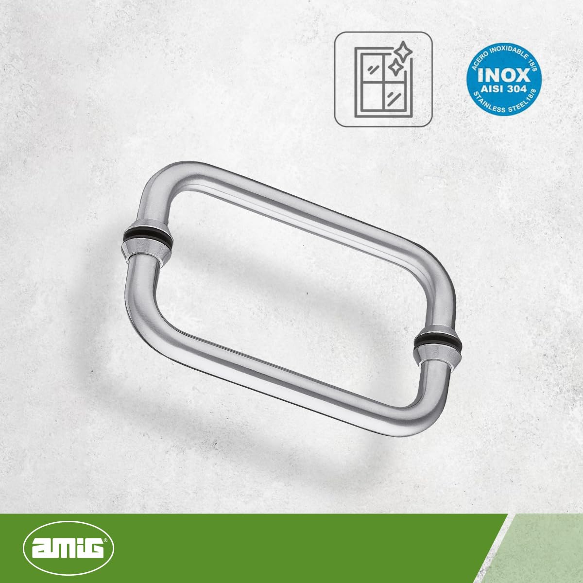 Amig - Juego de Manillones con Roseta, Modelo 4, Fabricado en Acero Inoxidable 18/8, Medida: 19 x 250 mm, Óptimo para Puertas de cristal, Material resistente y duradero, Acabado: Mate