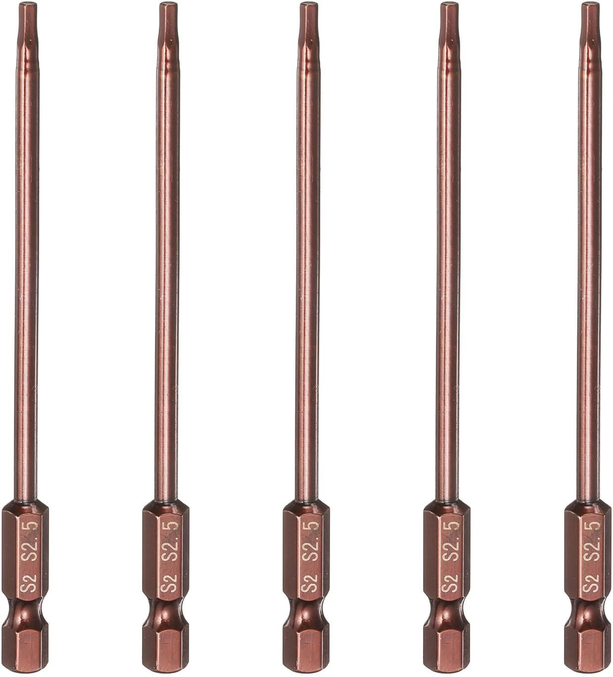 Generic 5pcs Hex Head Wrench Drill Bit 2.5mm(H2.5) Metric 1/4" Hex Shank 4"(100mm) Length S2 Steel Magnetic Impact Drivers Screwdriver Bit Industrial Grade Hexagon Electric Drill Bits