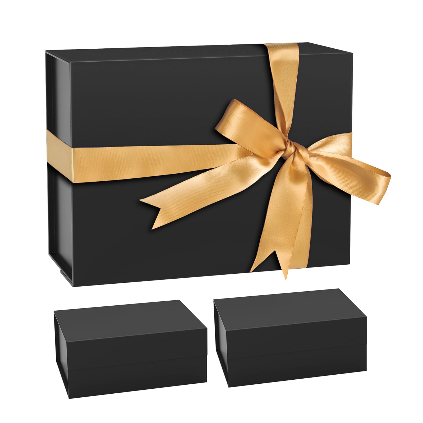 NOVELTYBOXUSA Czarne pudełko prezentowe 23 x 18 x 10 cm, 3 sztuki, magnetyczne pudełko prezentowe z pokrywkami, wstążka, małe pudełka na prezenty dla drużbów, oświadczyny, na urodziny, Dzień Matki
