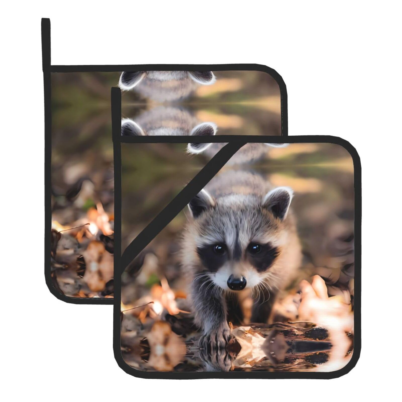 YYHHAOFA Cub Raccoon Prints Square Hot Pads - Durable Kitchen Covers for Heat Resistance, Waterproof Protection & Easy Cleaning - 2-Pack with Hanging Loops