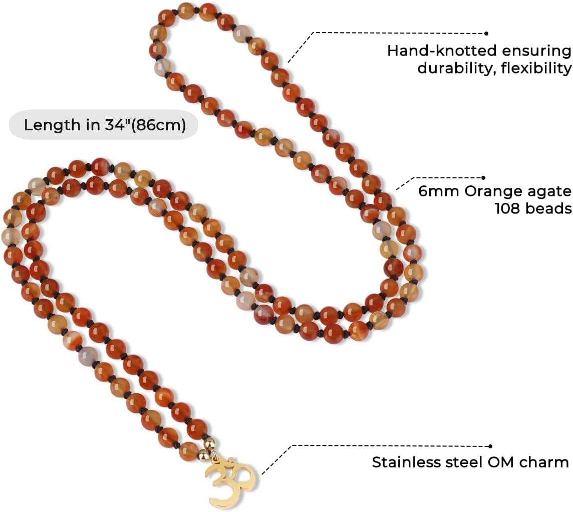 COAI Handmade 108 Mala Beads Necklace, Stainless Steel OM Charm Beaded Necklace for Women