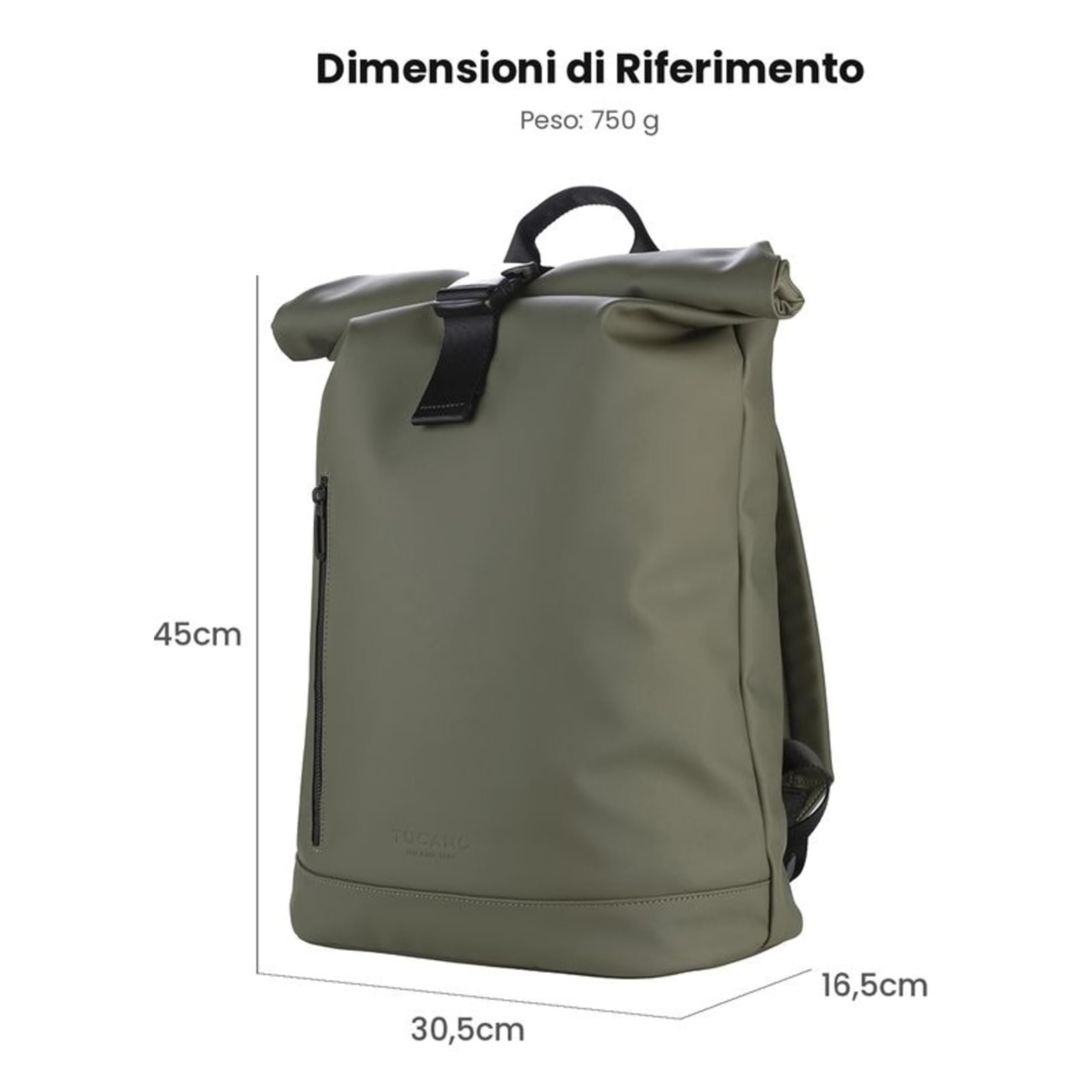 Tucano, Gommo Rolltop Zaino Porta PC per MacBook Pro 16" e Laptop 15.6" in Materiale Gommato, Zaino Lavoro Uomo Donna con Chiusura Arrotolabile, Tasca Imbottita e Fascia Trolley, Verde Militare