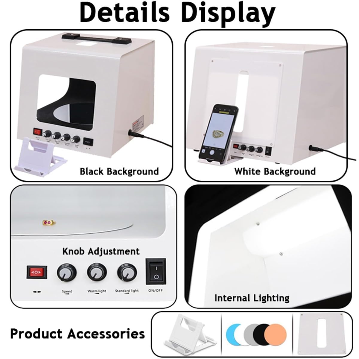 Light Box Portatile per Fotografia di Prodotti, Kit Professionale per Fotografia di Gioielli con Piatto Girevole Elettrico a 360°, Tenda Fotografica dimmerabile da 3000 a 5500 K(S)