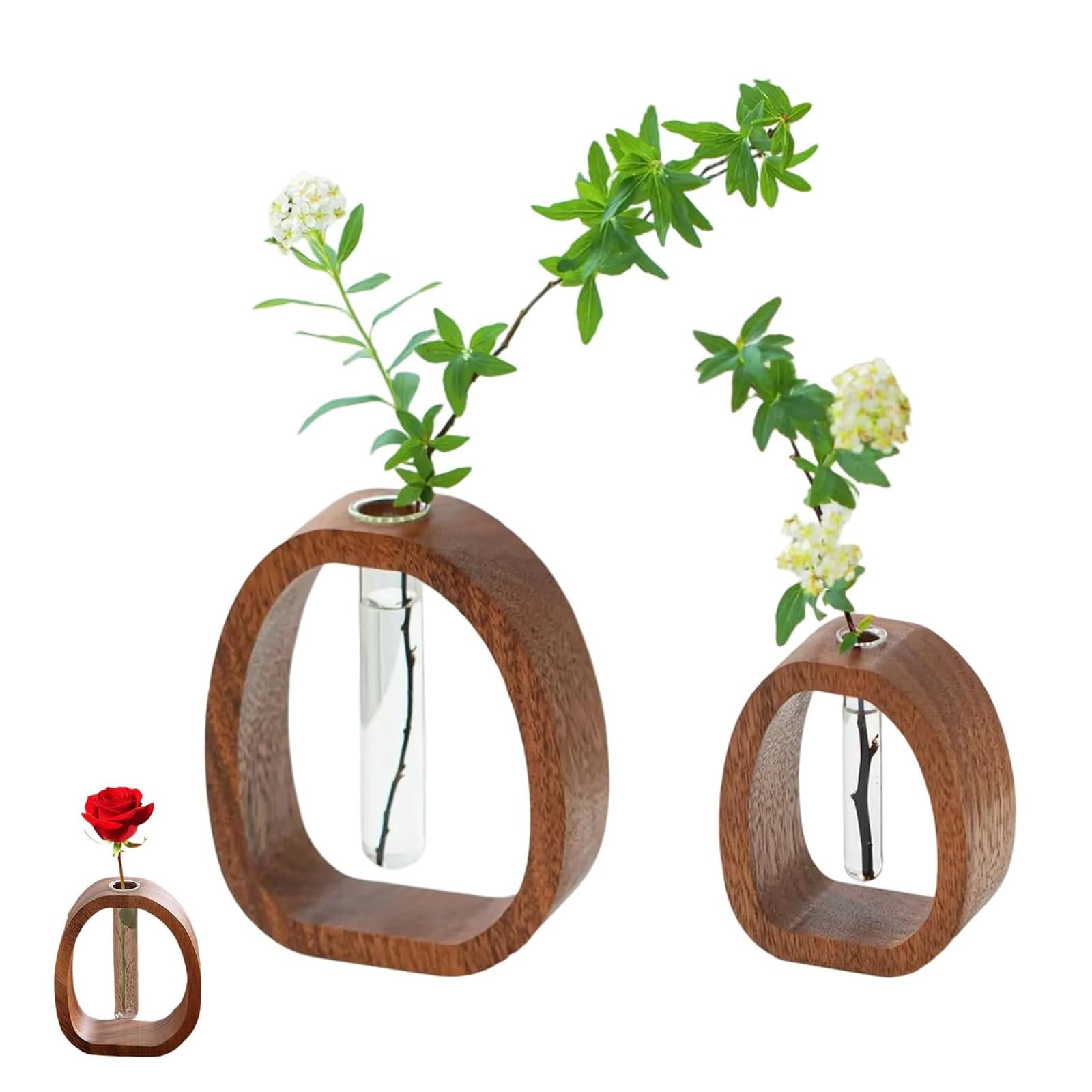 Walnut Wood and Glass Flower Vase - Solid Wood Frame with Transparent Test Tubes for Hydroponic Plants | Elegant Home Decor, Office Desk Centerpiece, Modern Plant Holder (Large+Small)