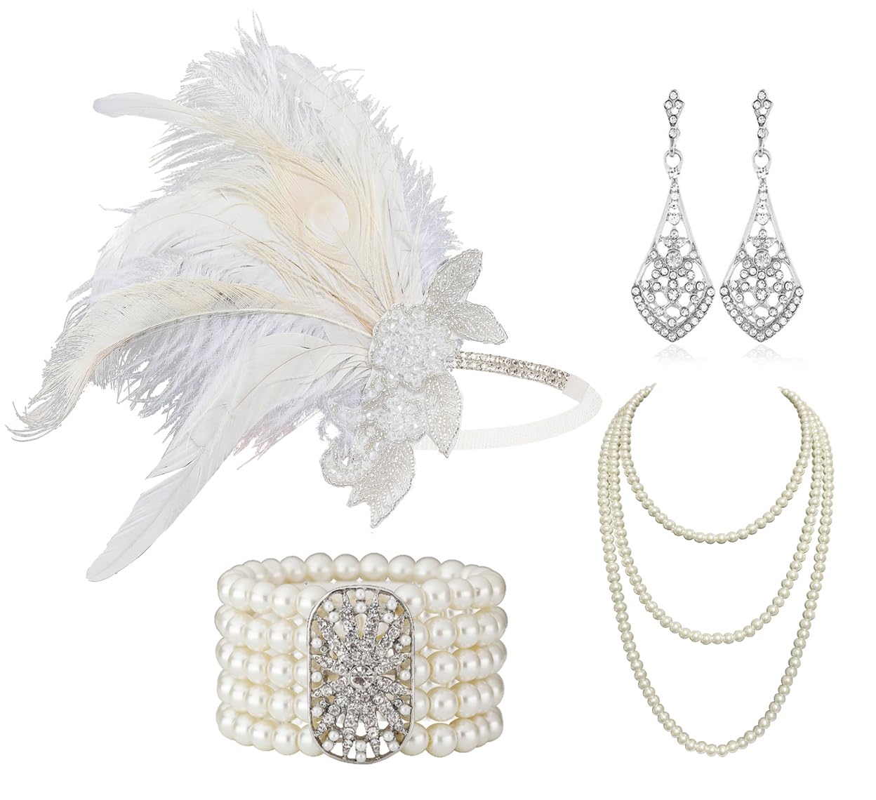 Cizoe 1920s Gatsby Accessories Set for Women Flapper Headband 20s Headpiece Necklace Gloves(od)