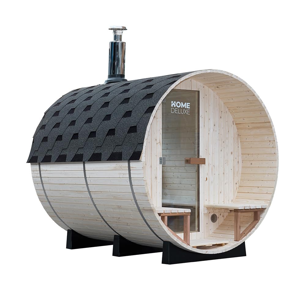 Home Deluxe Fasssauna mit Holzofen LAGOM DELUXE - Maße: ca. 210 cm x 240 cm I Fasssauna Holzofen, Fasssauna kaufen, Garten Sauna, Außensauna Holzofen, Outdoor Sauna, traditionelle Fasssauna, finnische