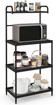 GOFLAME 4-Tier Microwave Oven Stand Storage, Multifunctional Kitchen Bakers Rack, Sturdy Metal Construction, Microwave Rack with Mesh Wire Shelves, Adjustable Leveling Feet Black