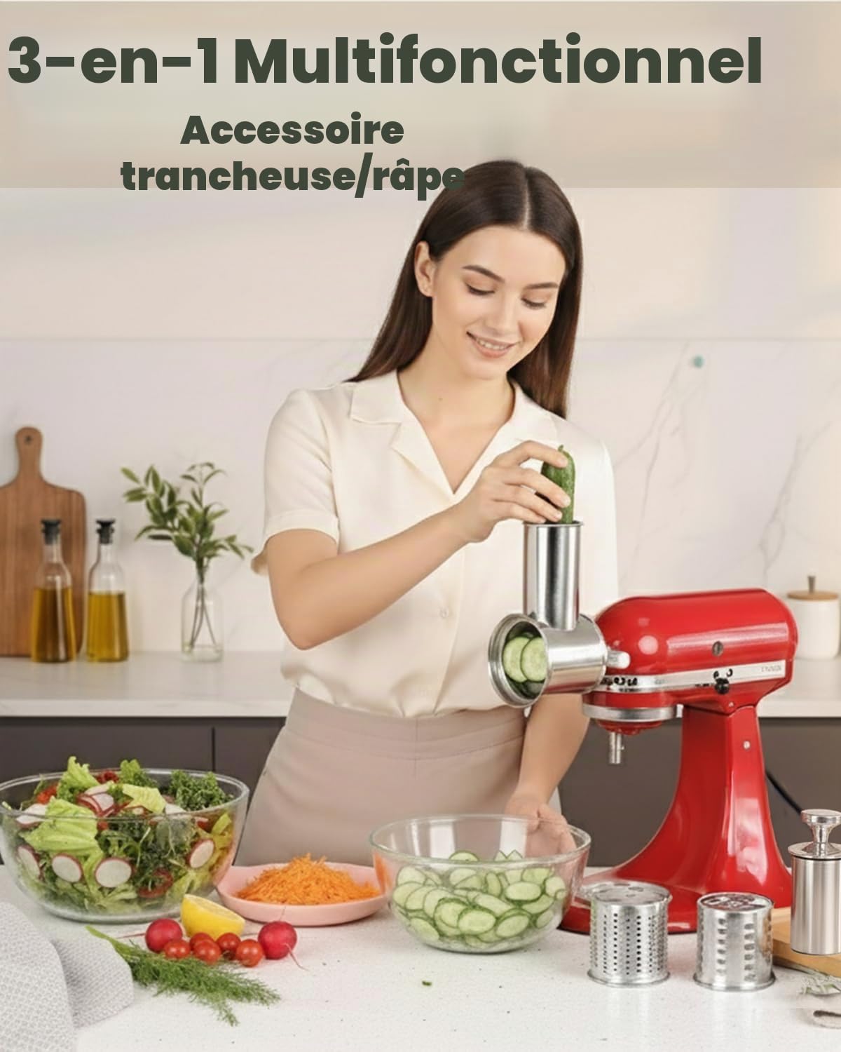 RAFBAR Accessoire pour râpe à fromage KitchenAid - Lame plus large de 75 mm pour KitchenAid - Grande goulotte d'alimentation de 60 mm, 3 lames de tambour, machine à salade, passe au lave-vaisselle