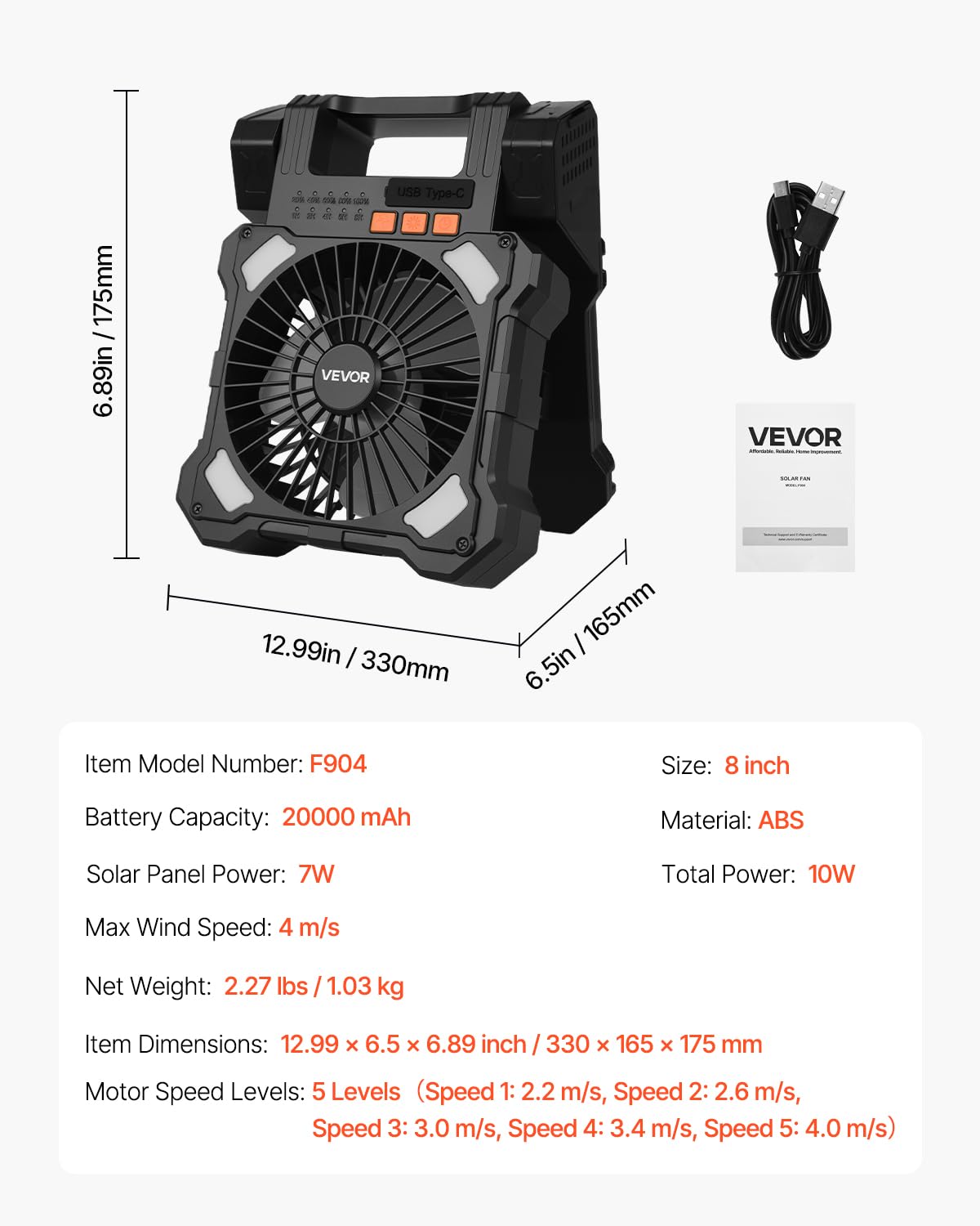VEVOR Ventilatore Solare Ricaricabile 20000 mAh con Lanterna a LED, Ventilatore Portatile Senza Fili da 20 cm con Pannello Solare Pieghevole da 7 W 5 Velocità, Alimentato a Batteria USB per Campeggio