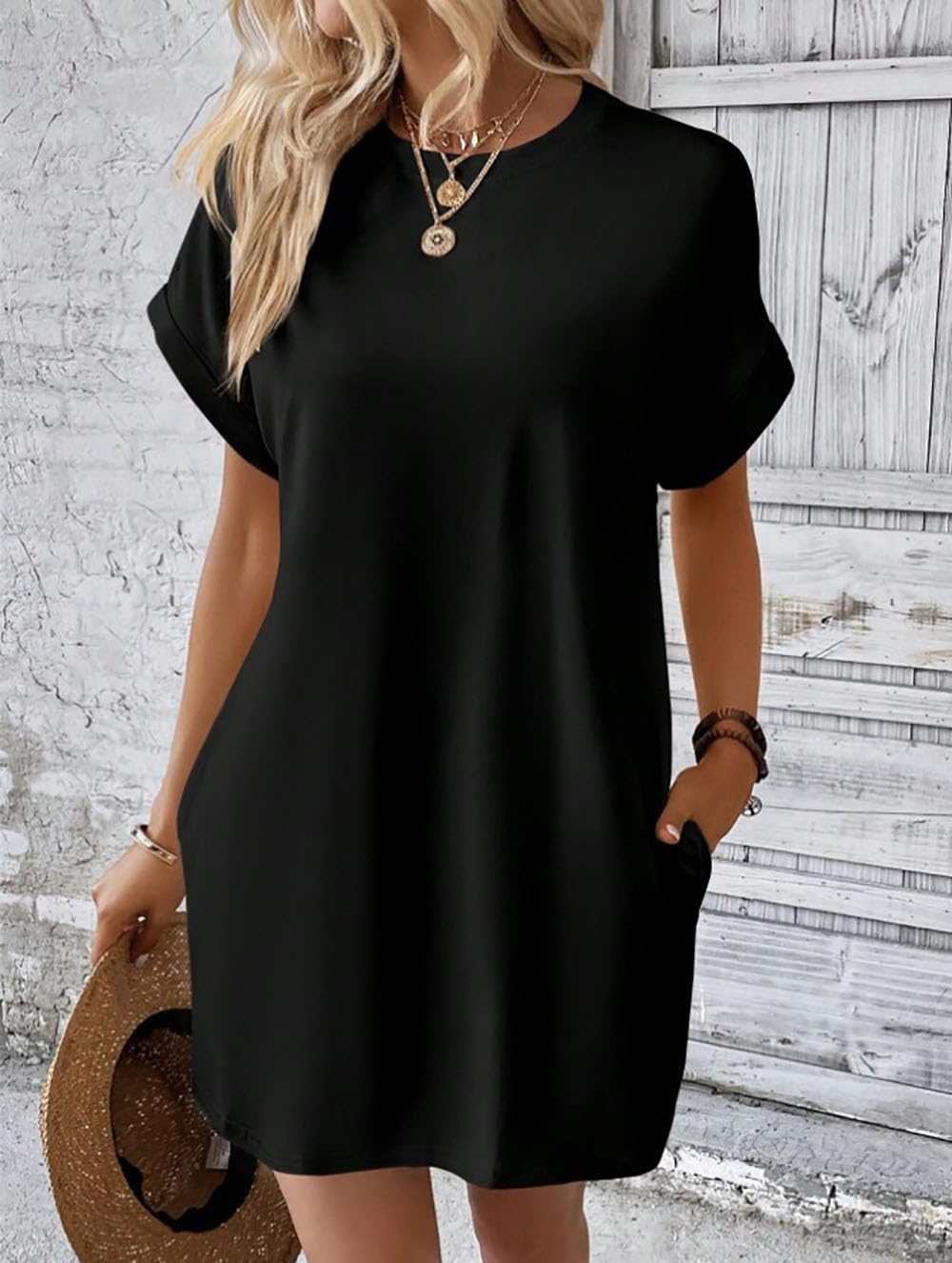 Earnmore Abito T-Shirt a Maniche Corte, Abiti Estivi da Donna a Maniche Corte con Tasche Abito T-Shirt Semplice e Solido con Tasche
