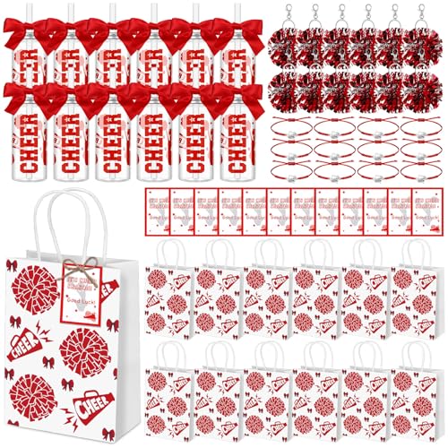 Mimorou 12 Set Cheerleader Gift Bulk for Team Incluede 12 Cheerleading Cups Bow Water Bottles Plastic Cheer Tumblers with Lid and Straw 12 Pom Pom Keychain 12 Cheer Bracelets 12 Bag 12 Card(Red)