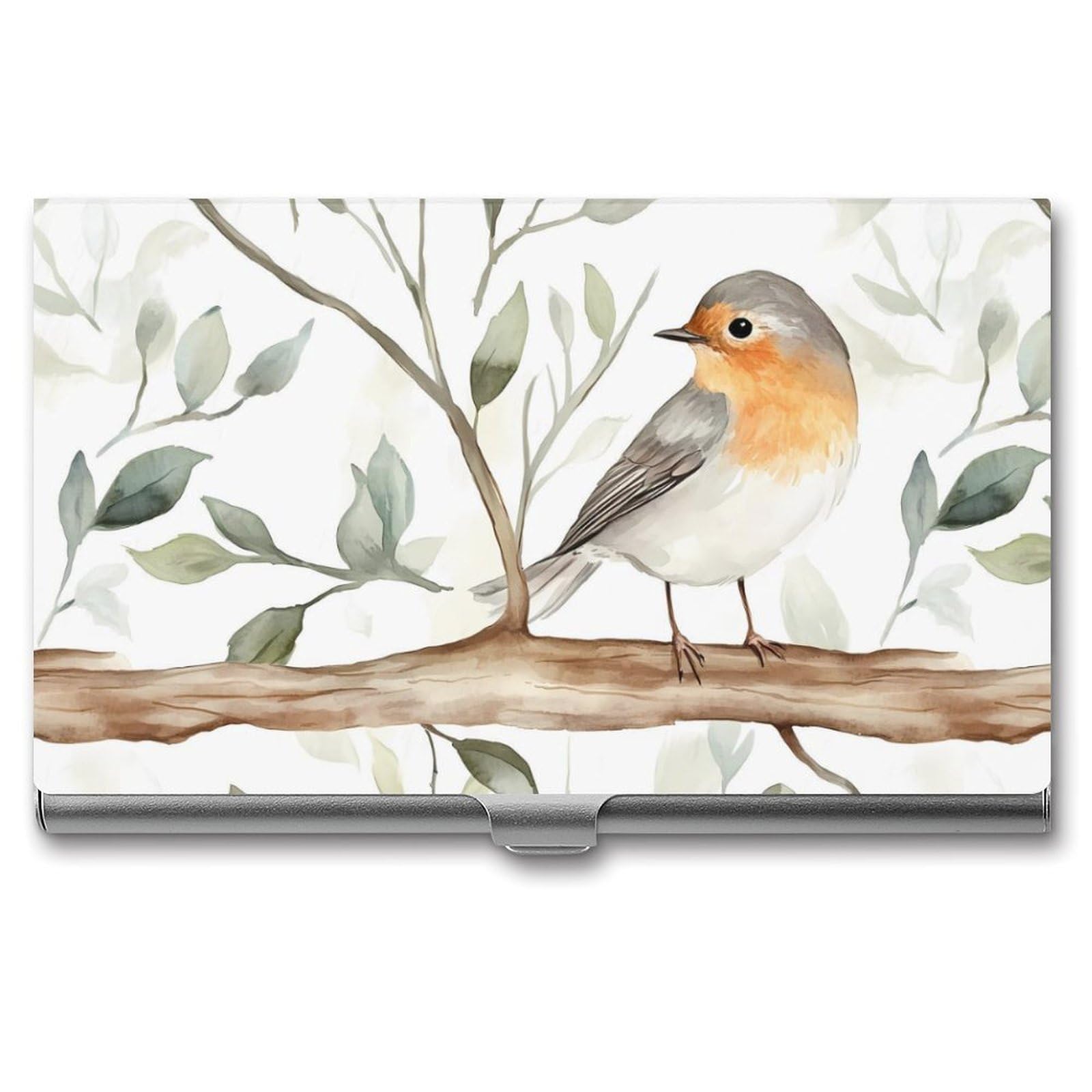 Robin Bird On Woods Slim Business Card Holder Wallet for Men & Women Pocket Metal Case 3.7x2.2x0.3 Inches