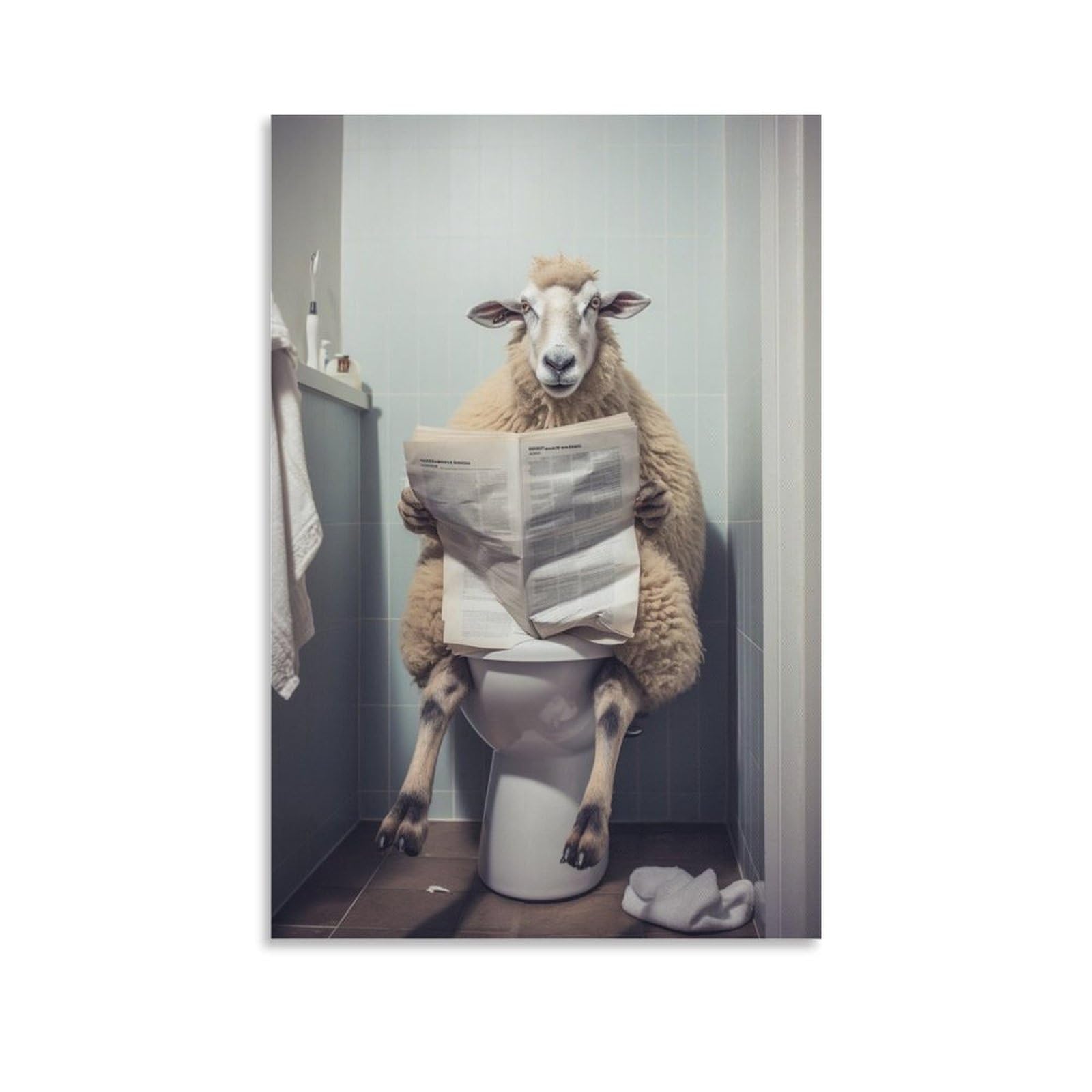 Qzfncoyu Unframe-Style Sheep Sitting On Toilet And Reading Newspaper. Funny Bathroom Humor. Funny Quirky. Retro Style Animal Art Poster Canvas Poster Bedroom Decor Landscape Office Room Decor Gift 12X18inch(30X45cm)