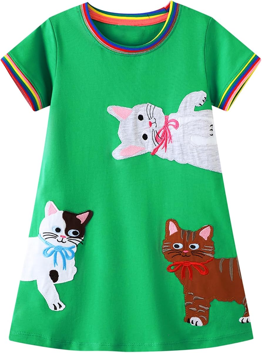 Vestidos de manga corta con apliques bordados de algodón para niñas pequeñas de 2 a 7 años