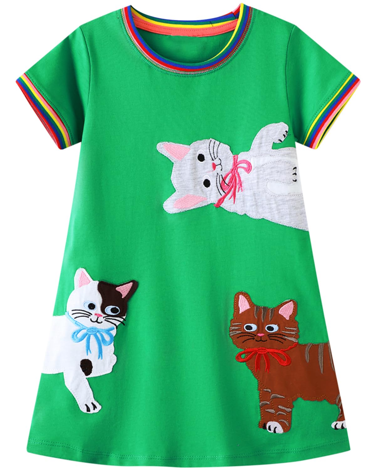 Funnymore Toddler Girls Cotton Embroidery Applique Short Sleeve Dresses 2-7Y