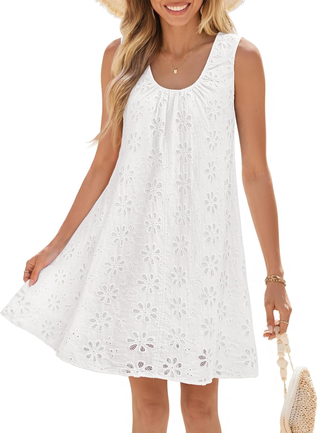 MEROKEETY Women's Summer Eyelet Hollow Out Sundress 2026 Sleeveless Swing A Line Boho Beach Vacation Mini Short Dresses