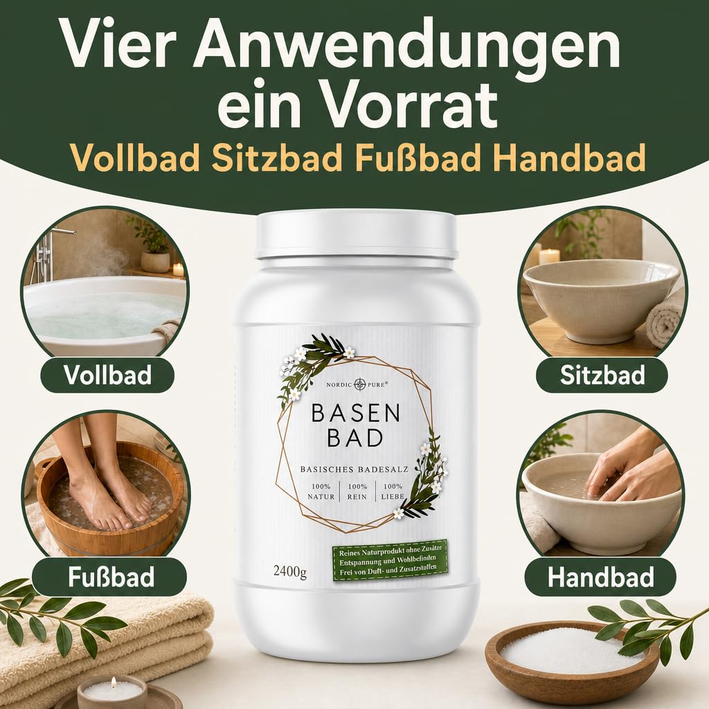 Basen-Bad von Nordic Pure 2400g | Basischer Badezusatz Made in Germany | Basisches Wellness-Badesalz Perfekt für ein Vollbad, Sitzbad, Fußbad oder Handbad