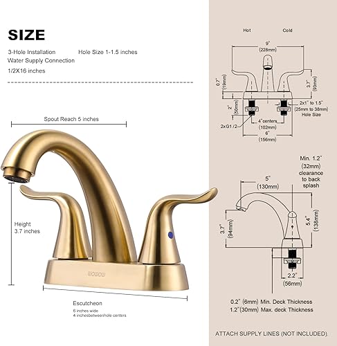 Miniatura 4 de WOWOW Grifo de Lavabo de Baño de 4 Pulgadas  Grifo de Tocador Central Dorado Cepillado con Varilla de Elevación y Desagüe, Grifo Mezclador Moderno