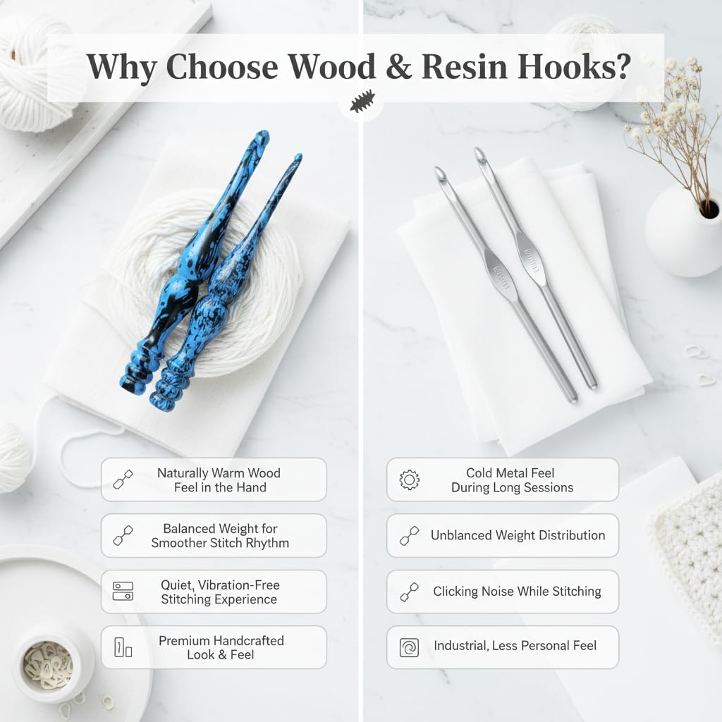 Wooden Crochet Hooks Set, 7 pc Ergonomic Crochet Hooks for Arthritic Hands, 4mm-10mm Engraved Sizes - Comfort Soft Grip Handle for Crocheting & Knitting - Premium Gift for Her(Hooks Only)