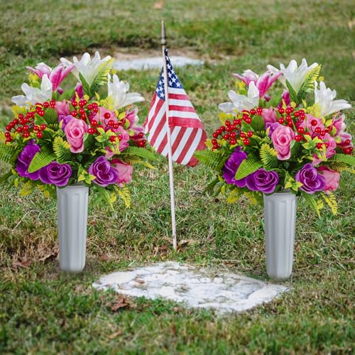 Artificial Cemetery Flowers with Vase, Set of 2 Artificial Rose Lily Bouquet Graveyard Memorial Flowers for Cemetery Headstones Decoration image 6