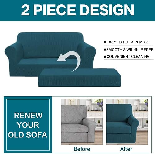 Vista 106 de Turquoize - Funda elástica para sofá de 2 piezas y 3 cojines, funda protectora lavable con elástico en la parte inferior, tela jacquard gruesa