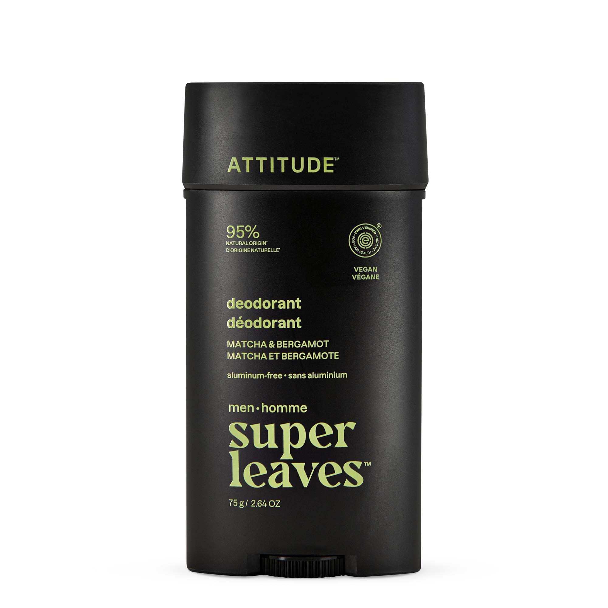 ATTITUDE Deodorante da uomo senza alluminio, 95% di ingredienti di origine naturale, certificato EWG, controllo degli odori a base di erbe, con bicarbonato, Matcha & Bergamotto, 75 g
