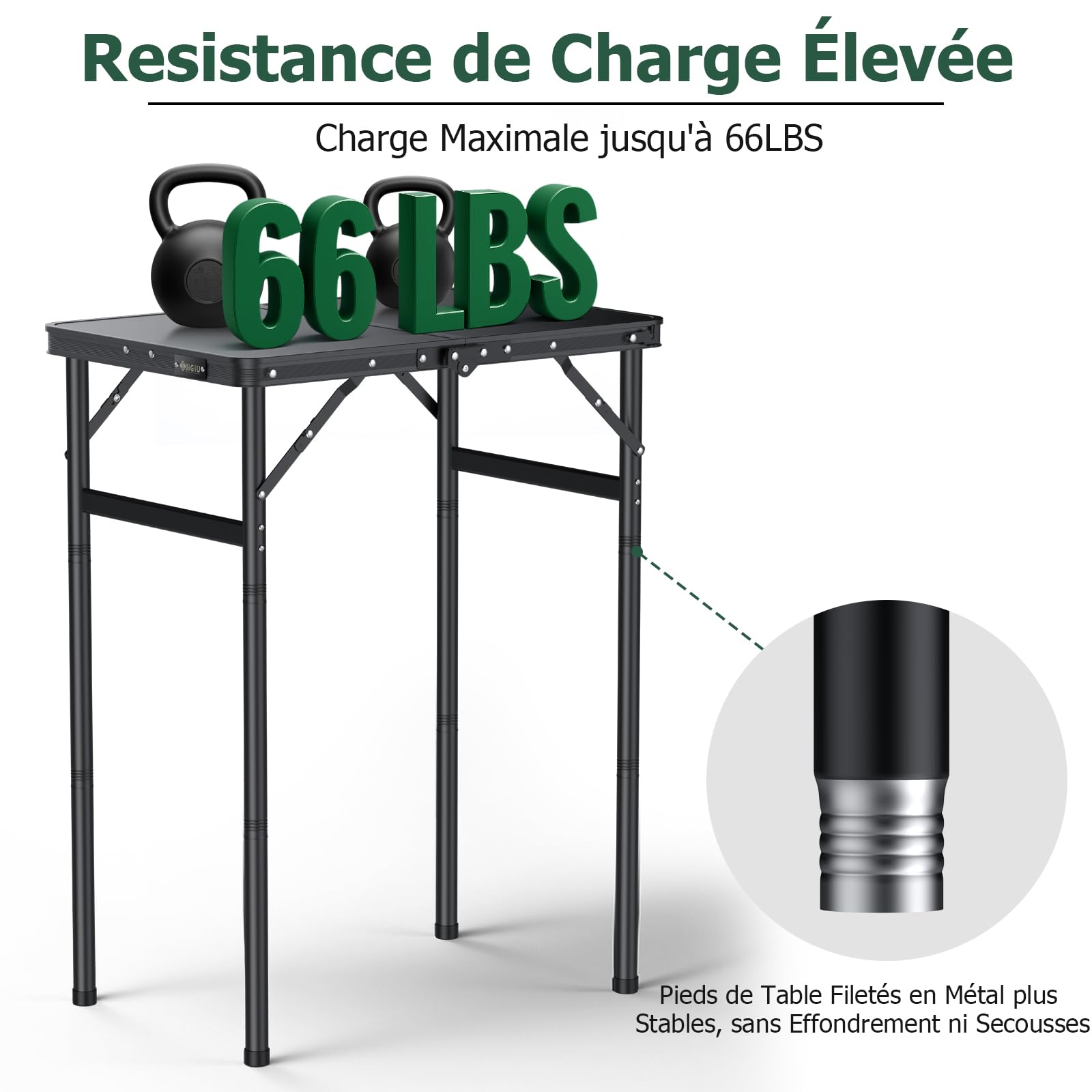 JiGiU Table de Camping Pliante 60x40cm avec 3 Hauteurs Réglables, Noir | Table de Pique-Nique Supportant 30kg, Portable et Légère, en Aluminium et MDF pour Extérieur et Intérieur, Jardin, Plage