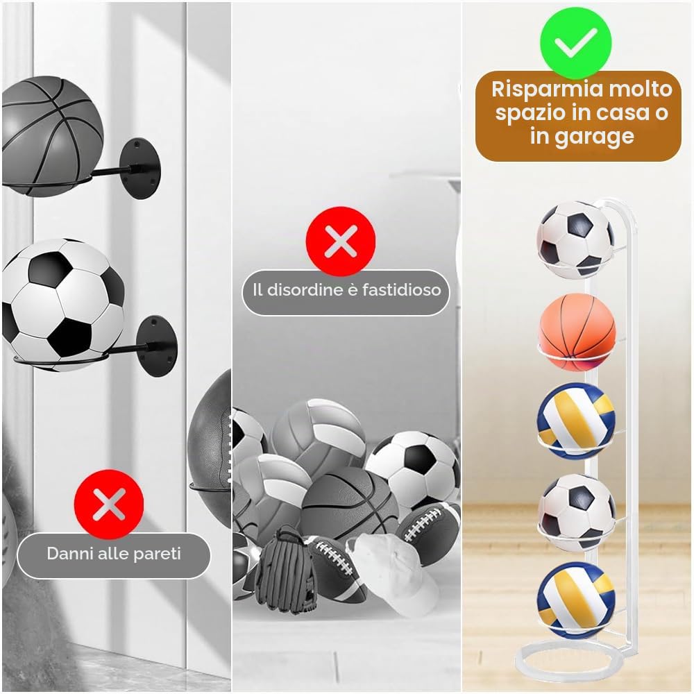 Portapalle per Calcio a 5 Livelli, Rastrelliera da Basket Verticale in Metallo, Supporto Palloni, Scaffale Stoccaggio Sportivo Bianco