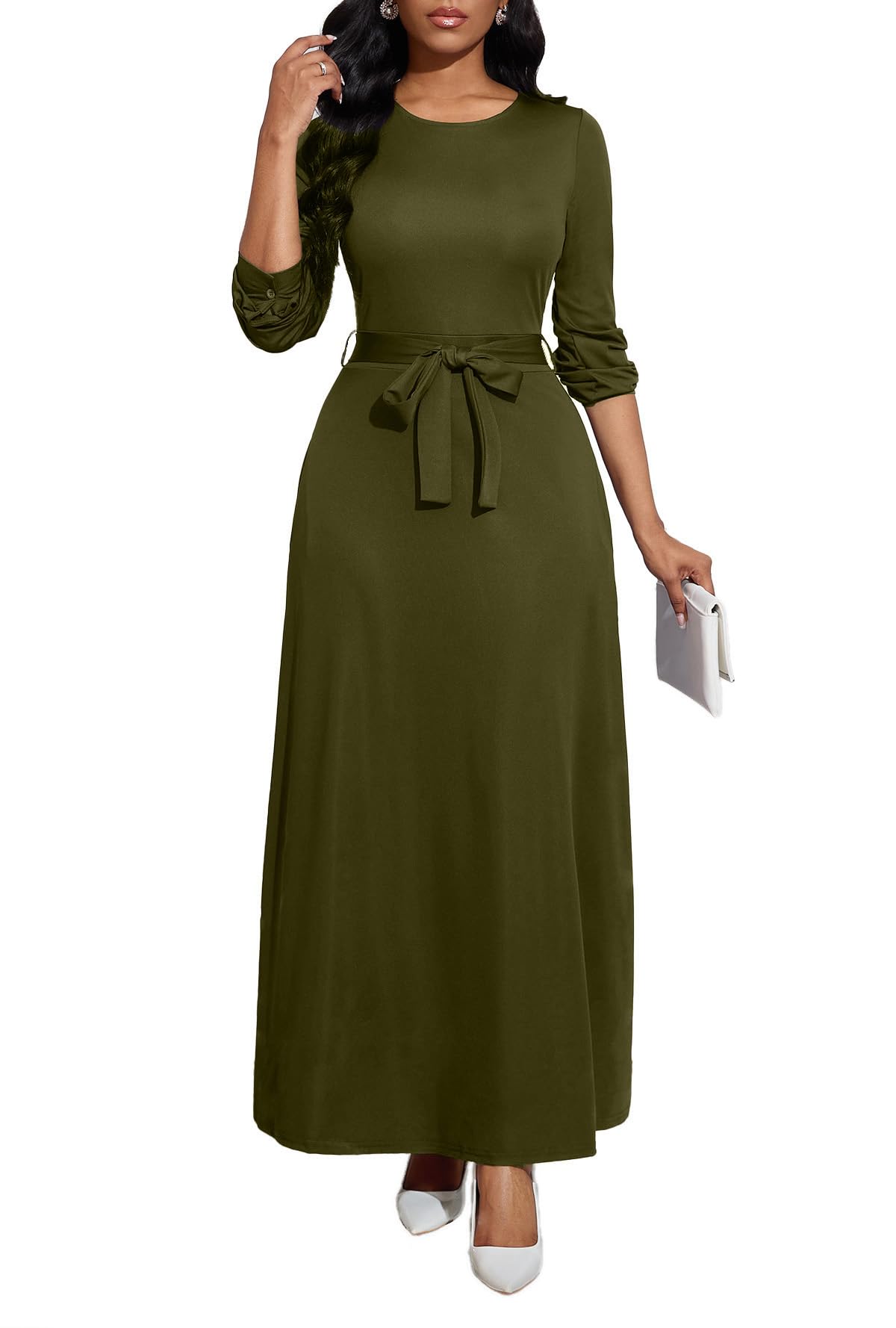 BubFee Long Dress for Women Casual Long Sleeve Dresses Maxi Dress Empire Waist Loose with Belt